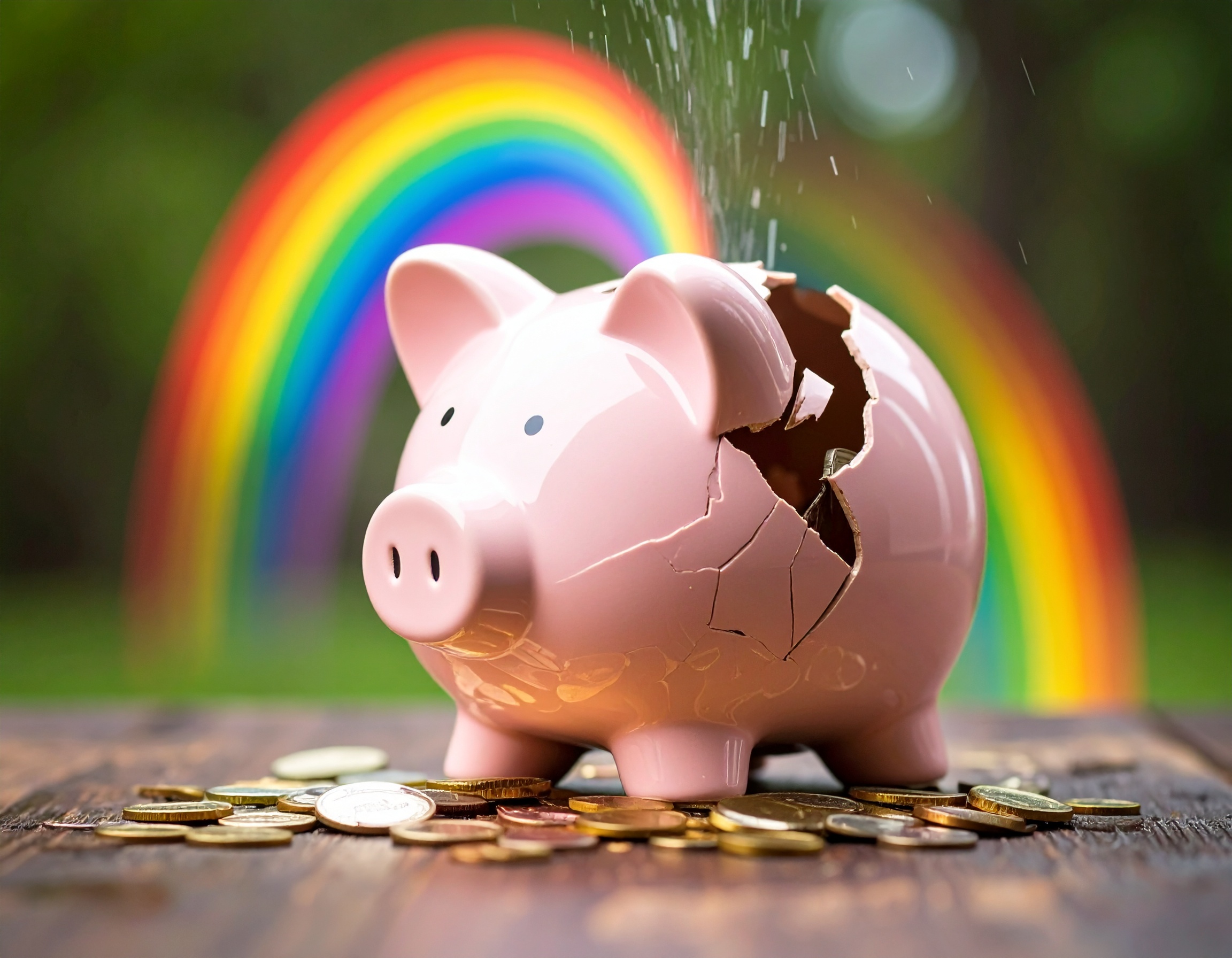 finanza agevolata, salvadanaio rotto da cui esce un arcobaleno e delle monete